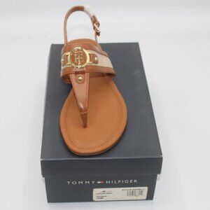 Tommy Hilfiger Women's Twjena Logo T-strap Flat Sandals Brown Size 10 Brand New